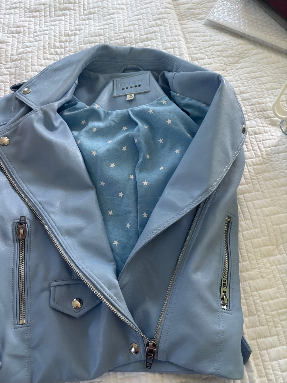 Blank NYC Pastel Blue Faux Leather Moto Jacket with Silver Hardware